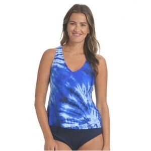 ☀️24th & Ocean Blue Tie Dye Strappy Tankini Swim Top Large NWT